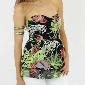 Nanette Lepore Deep Sea Fish Strapless Silk Peplum Top | Extra Small